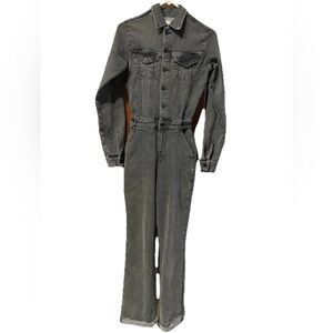 Good American black denim utility jumpsuit size 0 boiler suit straight leg